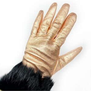 Rose Gold Leather Gloves With Plush Fur Cuffs Size 7